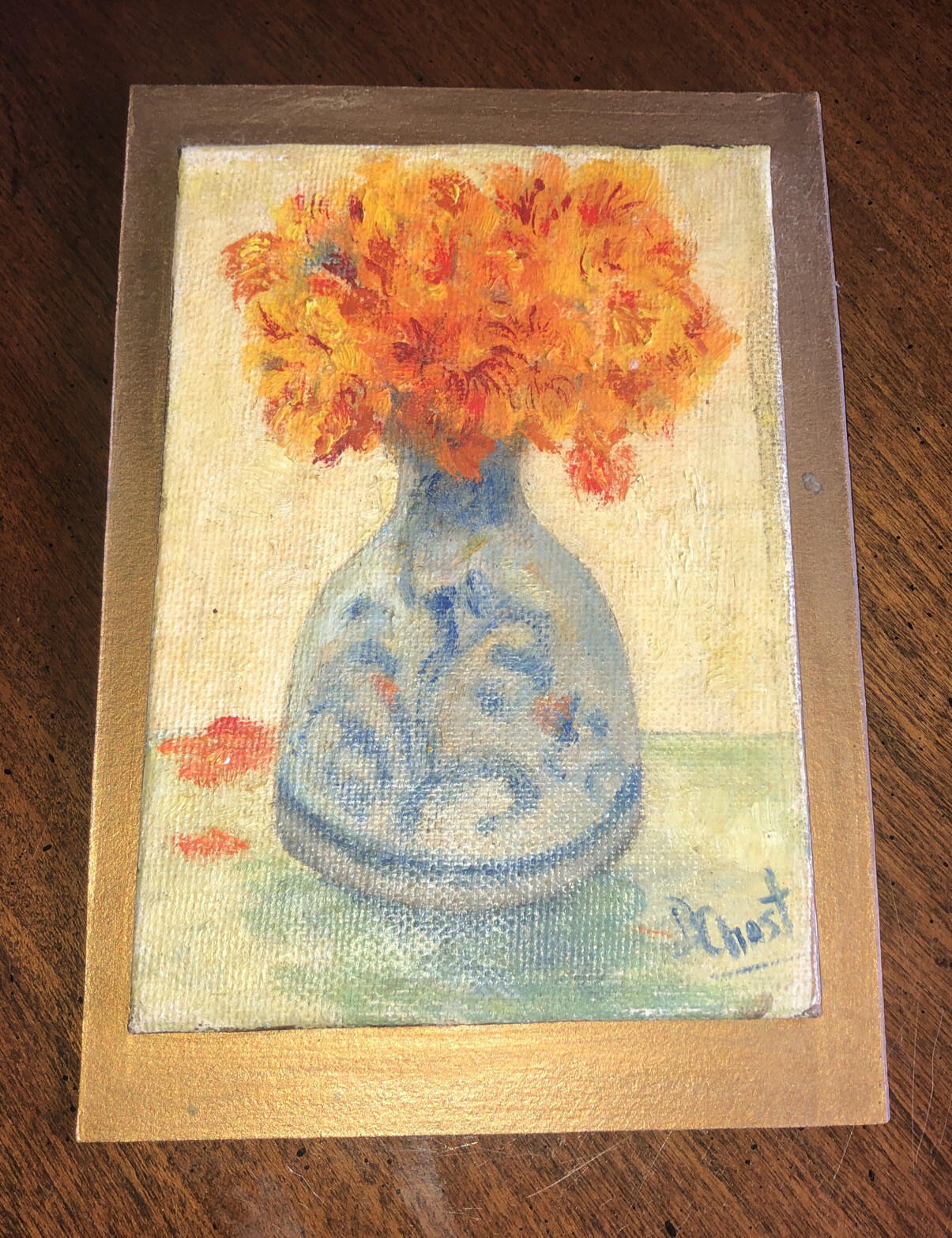 Dot Chast Oil painting, Flowers In Vase DBC78 Signed 5.5” x 3.75” Label On Back