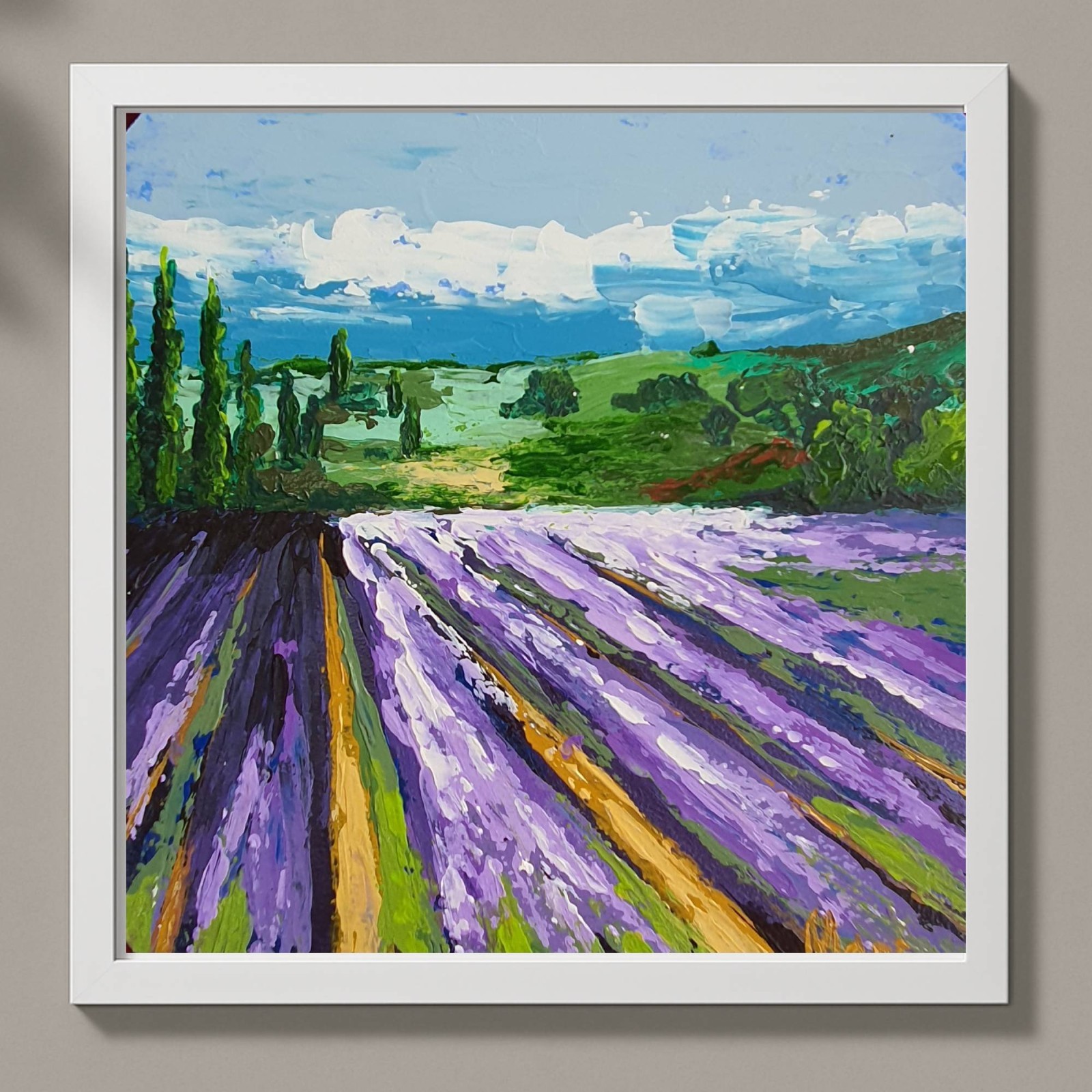 Lavender Field Painting Original Wall Art Provence Landscape Flowers 9.3×9.3in