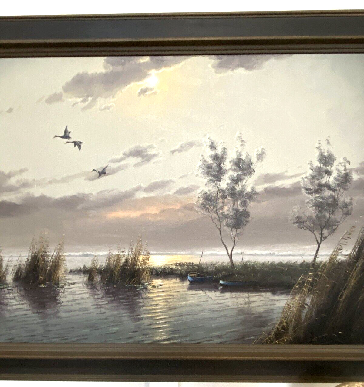 Vtg. Gien Brouwer Oil Painting Ducks Flying over March at Sunset, Dutch Seascape