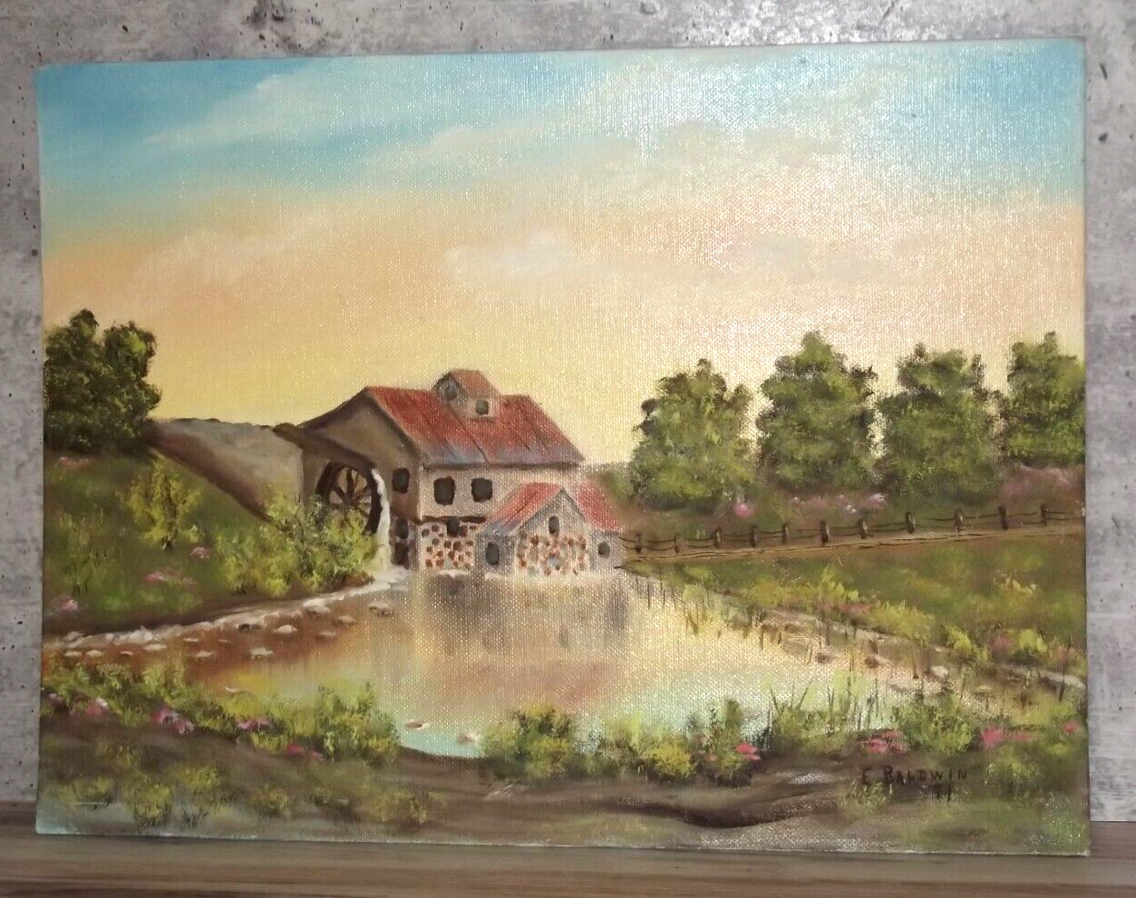 Signed Oil Painting Millhouse and Mill Pond E Baldwin 12×16″ 1981 B26