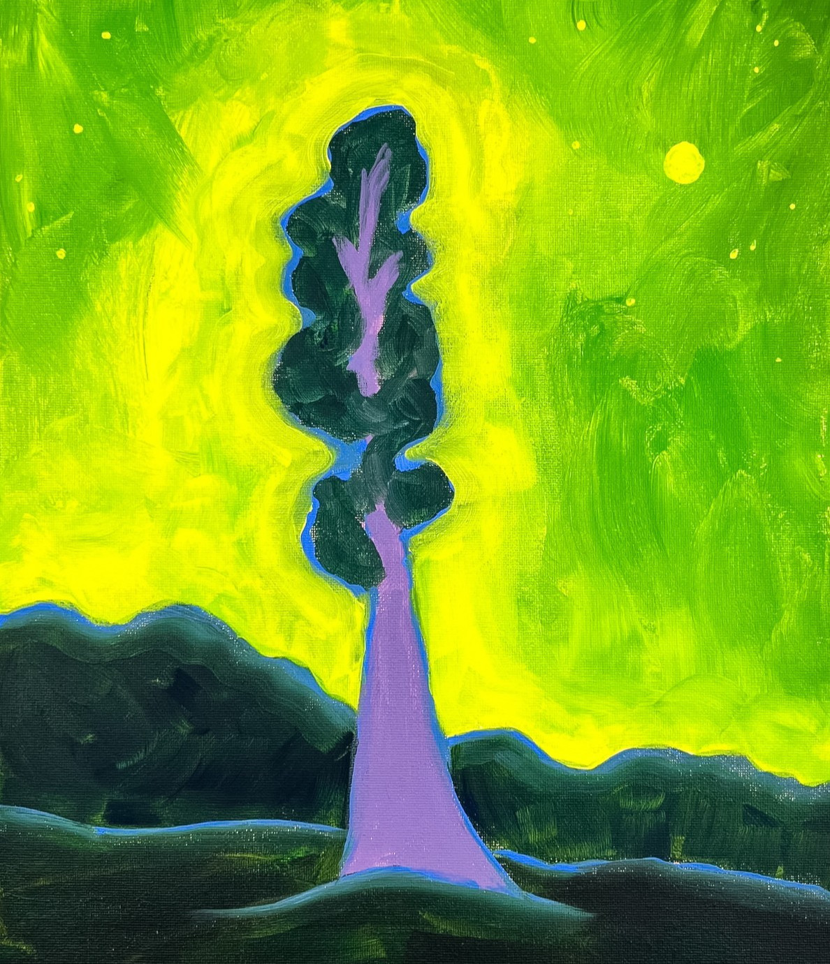 Aurora Borealis Forest Landscape Original Painting Tree Night Sky OOAK 12×16