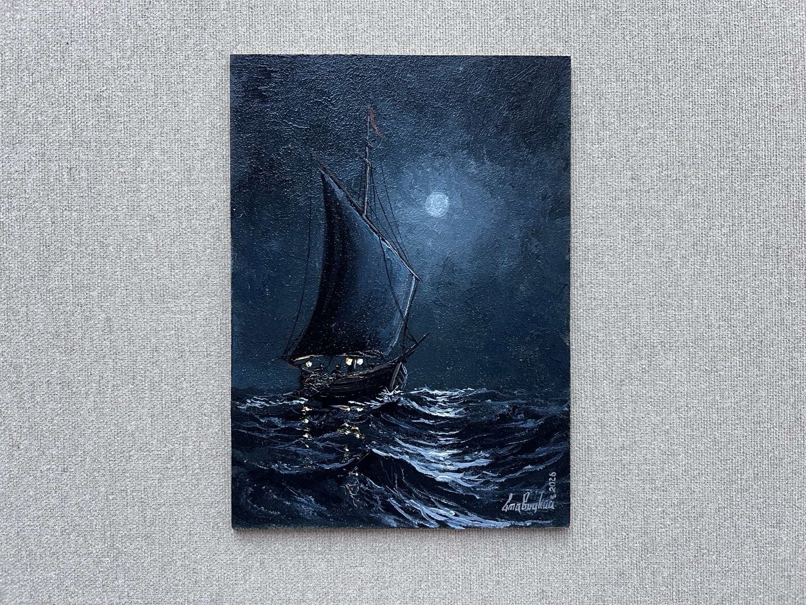Original Night Sailboat Oil Painting, Vertical Moonlit Sea Miniature, Dark Moody
