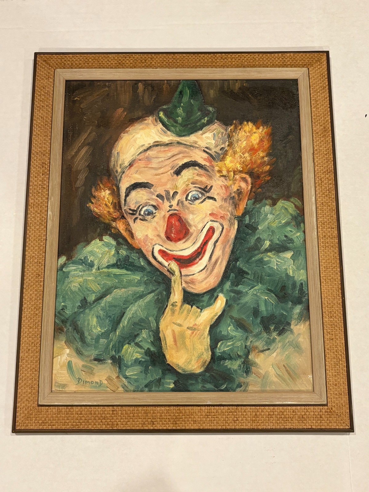 DIMOND Vintage Framed Smiling Clown Oil Painting Signed- 17″ x 21″