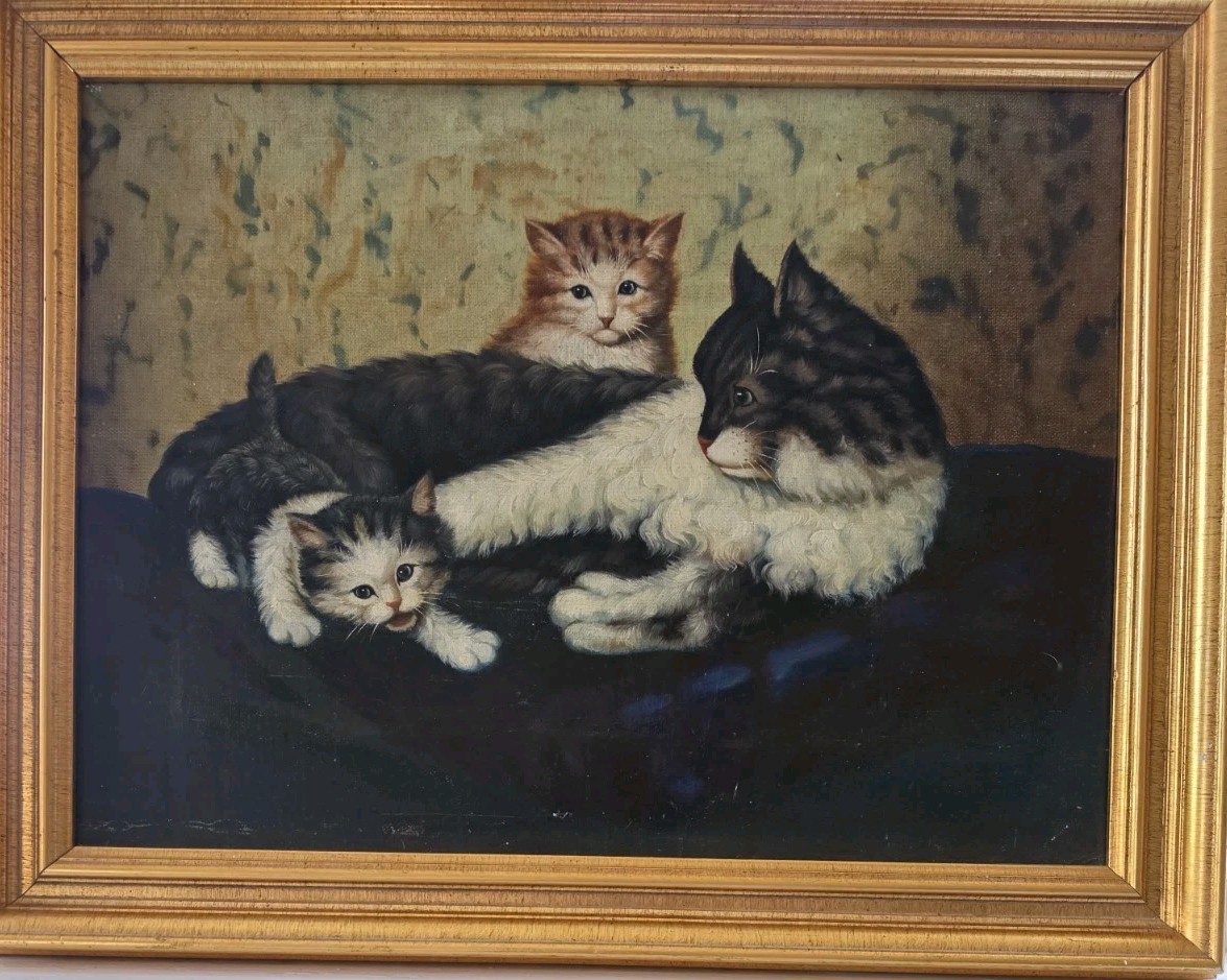 Vintage Cat And Kitten Oil Painting