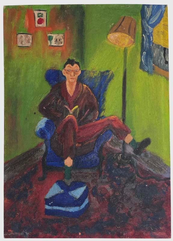 Vintage OOB Oil on Board,Man Reading,Outsider Art