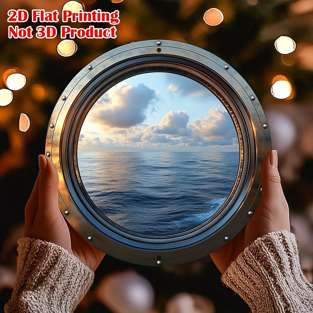 2D Flat Print 1x Vintage Seascape Window Theme Round Aluminum Wall Decor Plaque↗