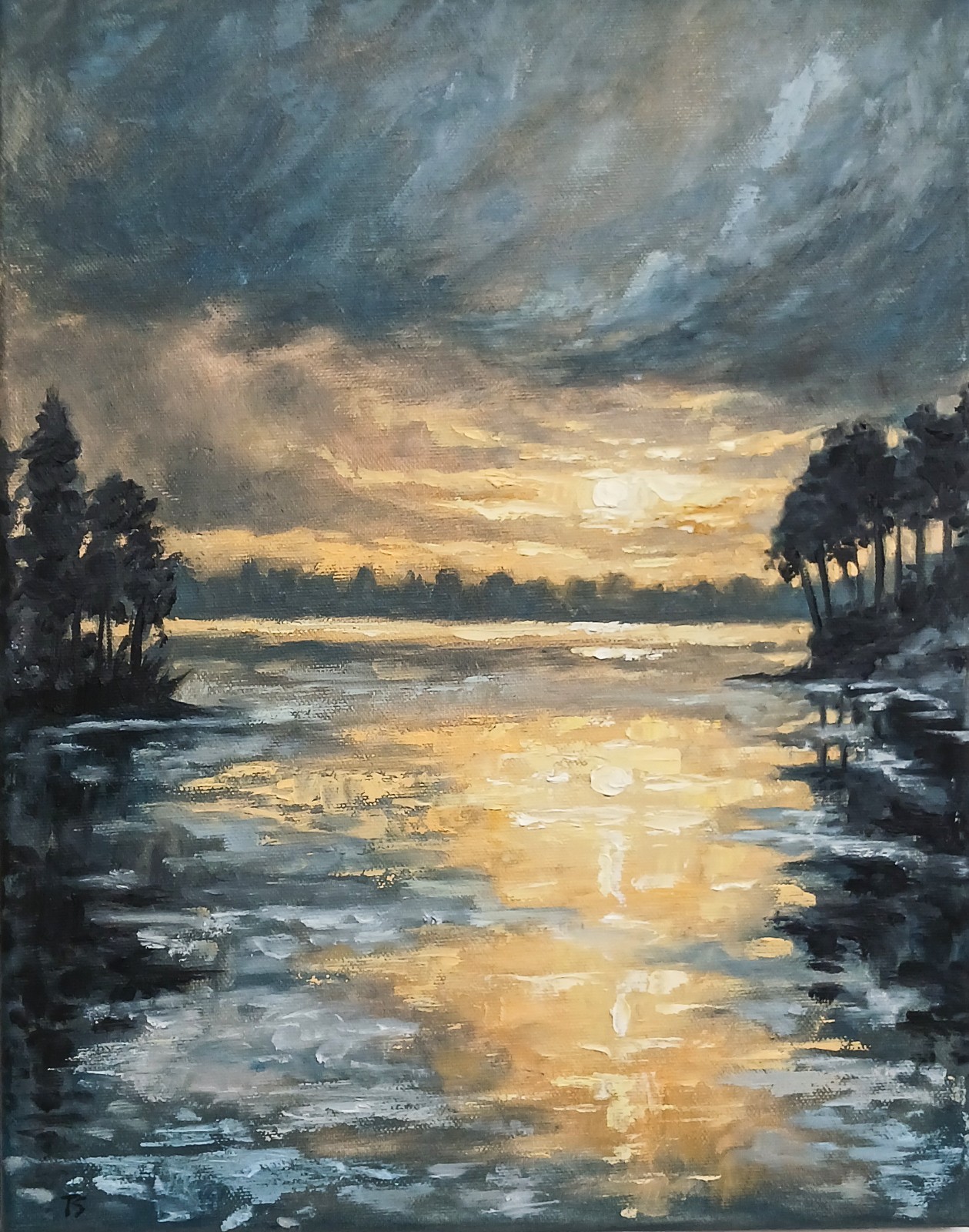 Sunset Lake ORIGINAL Oil Painting Impressionism Moody River Forest 11″x14″