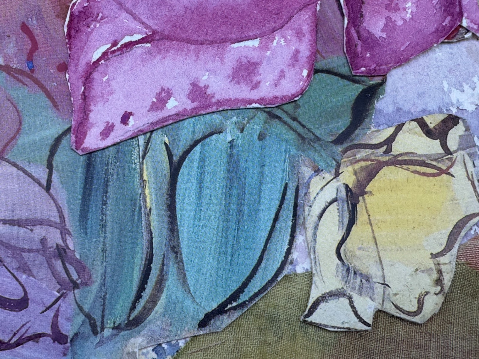 ELLEN WOLF BACKER SIGNED FLORAL PAINTING WATERCOLOR COLLAGE STILL LIFE ART 2000