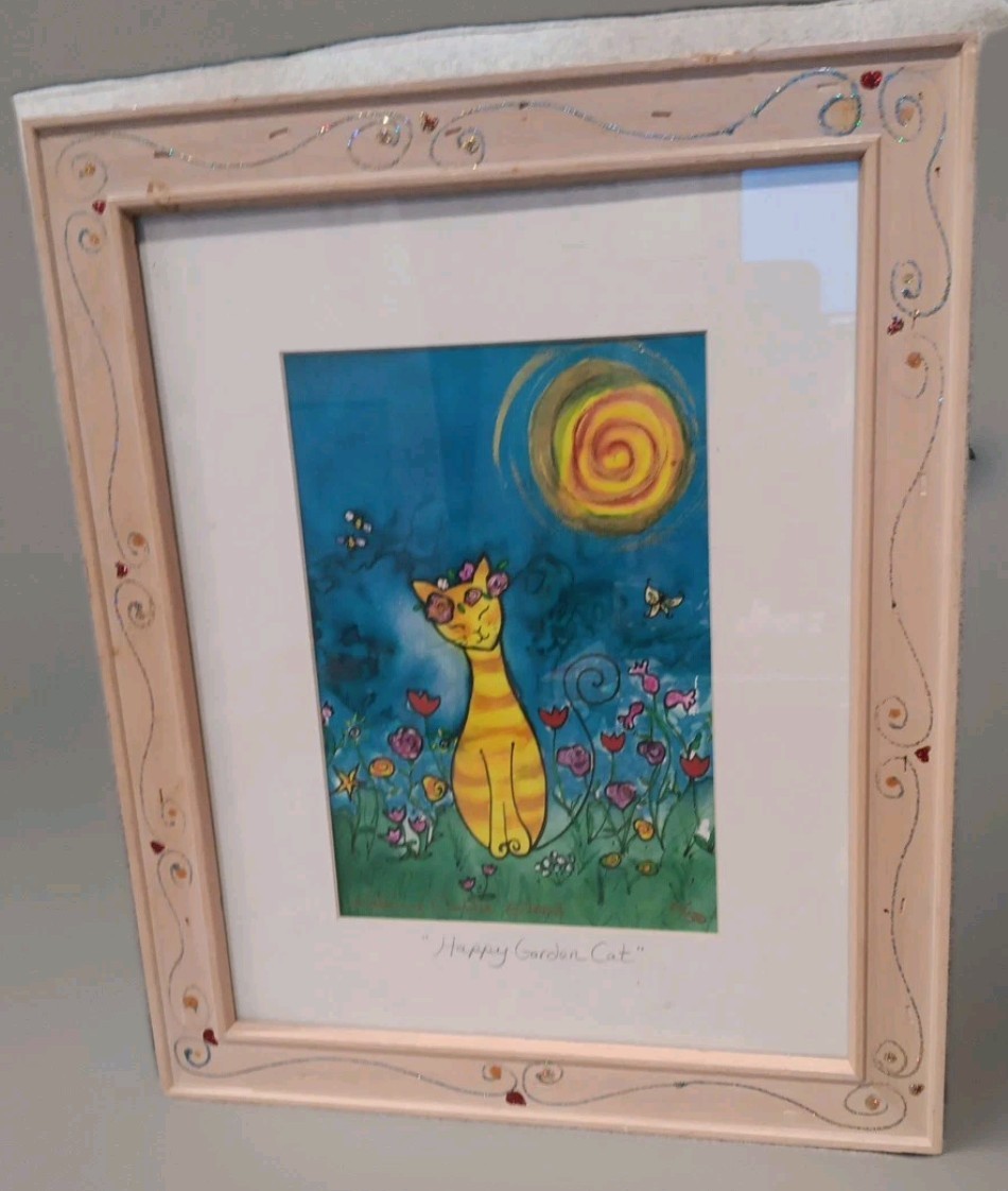 2003 KATHY CRABBE Art HAPPY GARDEN CAT Framed Matted Signed & Numbered 13″ × 16″