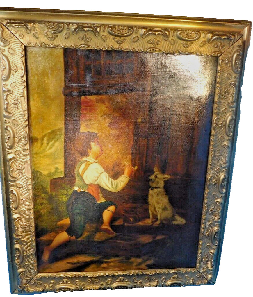 JOHN GEORGE BROWN 19th c. Oil Canvas NEW YORK Boy & Dog Framed