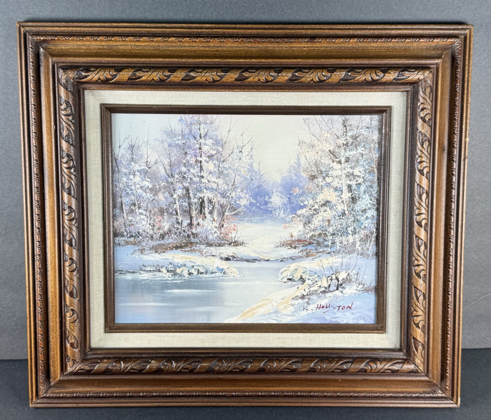 K. Houston Original Winter Landscape Oil Painting Snow Scene Framed