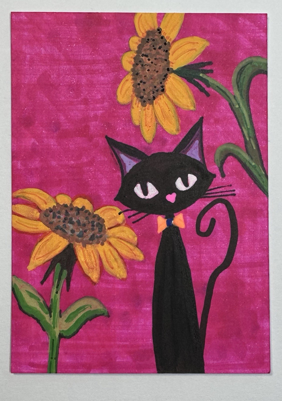 ACEO Original Hand-Painted Abstract Cat with Sunflowers 2.5 x 3.5 Inches ATC