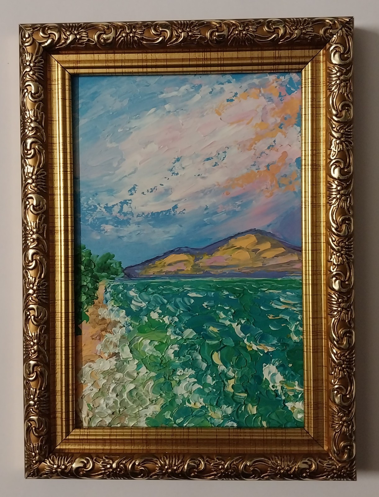 Framed Seascape Green Sea Seacoast Sunset Sky 4×6” Impasto Oil Painting Original