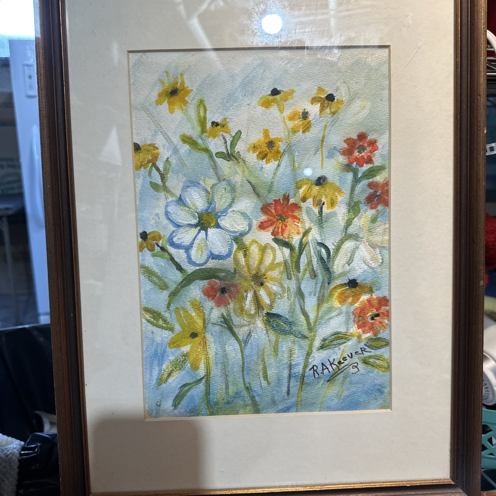 Original Watercolor Painting End of summer Blooms Vintage OOAK Mat Frame 17×13