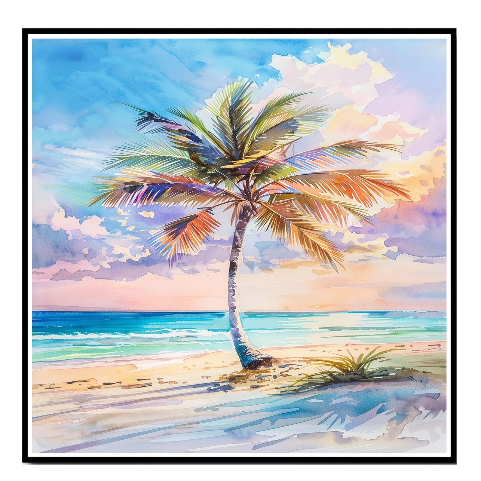 Tropical Beach Sunset with Colorful Palm Tree Watercolor Painting Ocean Canvas
