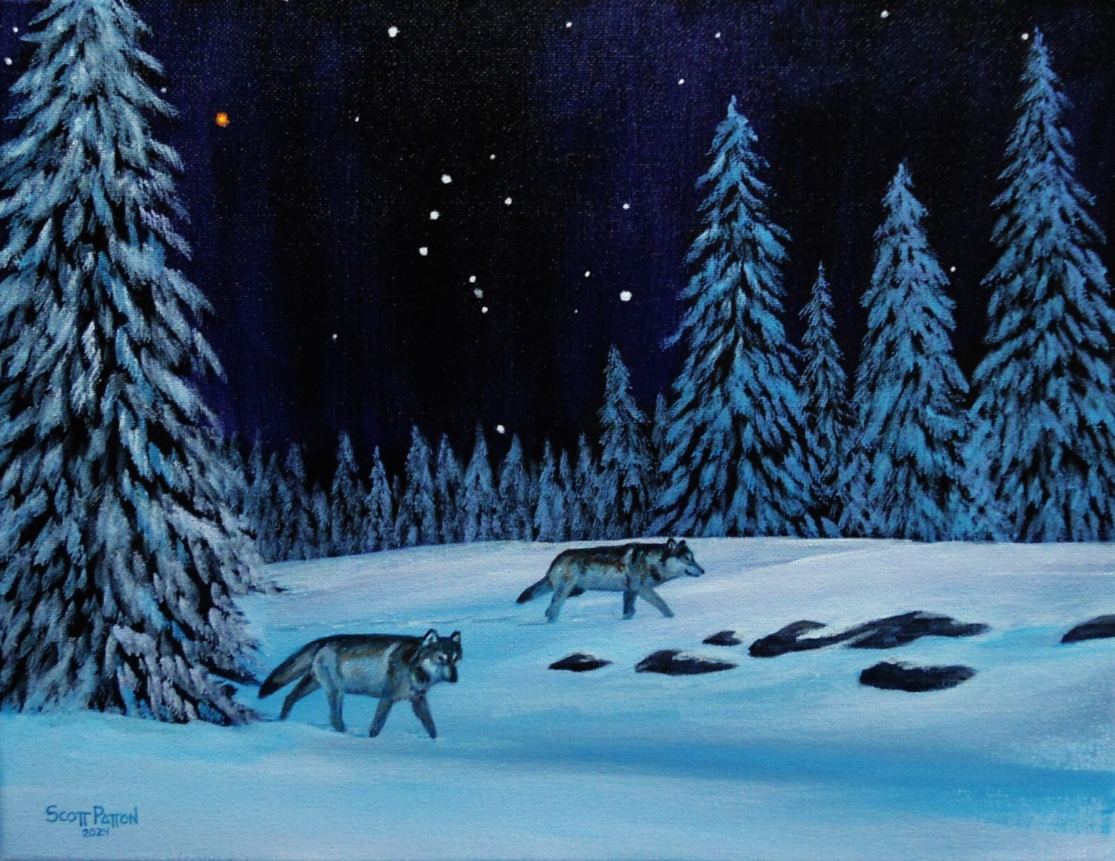 Scott Patton Art: «Hunters of the Night 3» Original Painting, Wolves, Orion