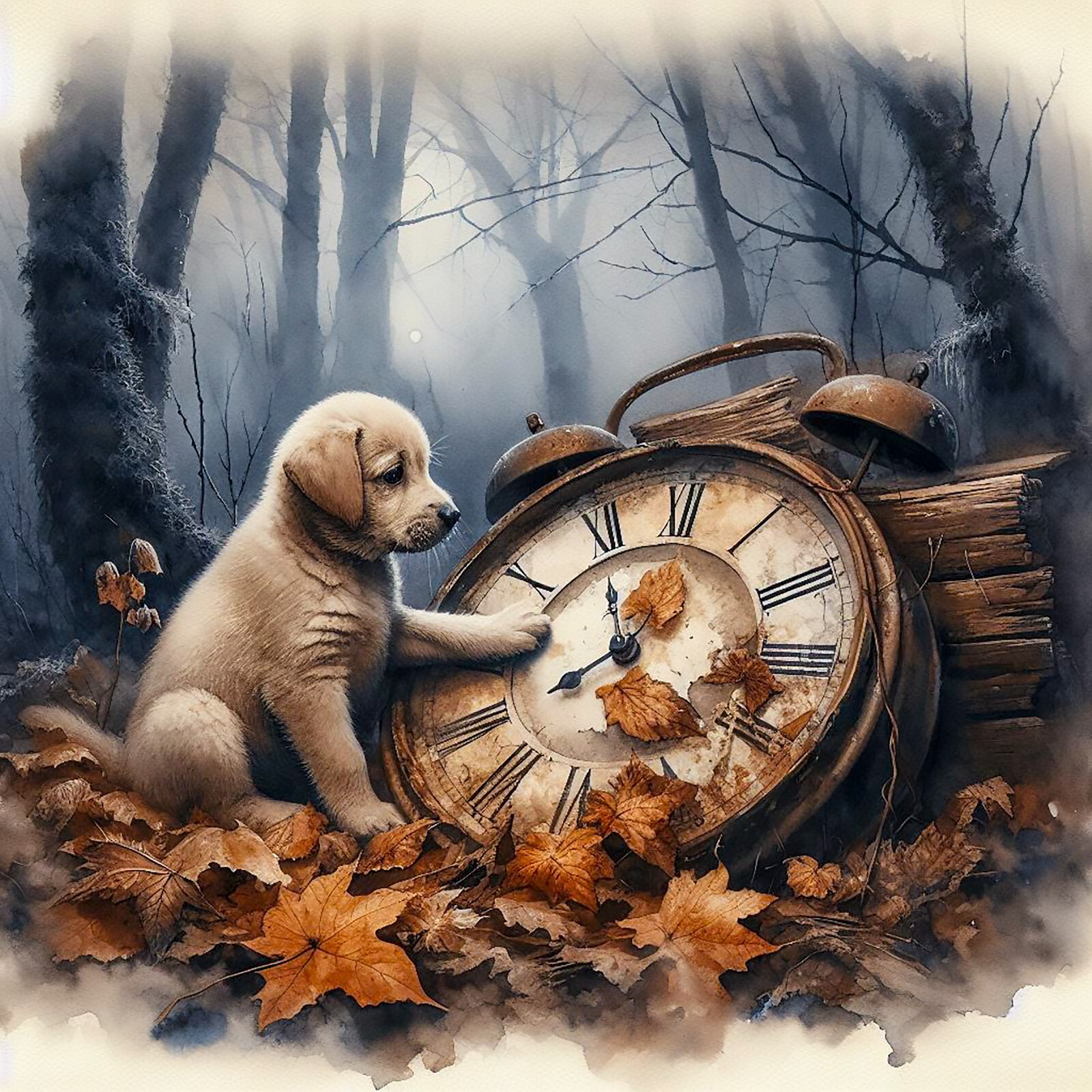 Puppy Dog In Forest CLock Abstract Art Giclee Art Print Canvas Wrap or poster