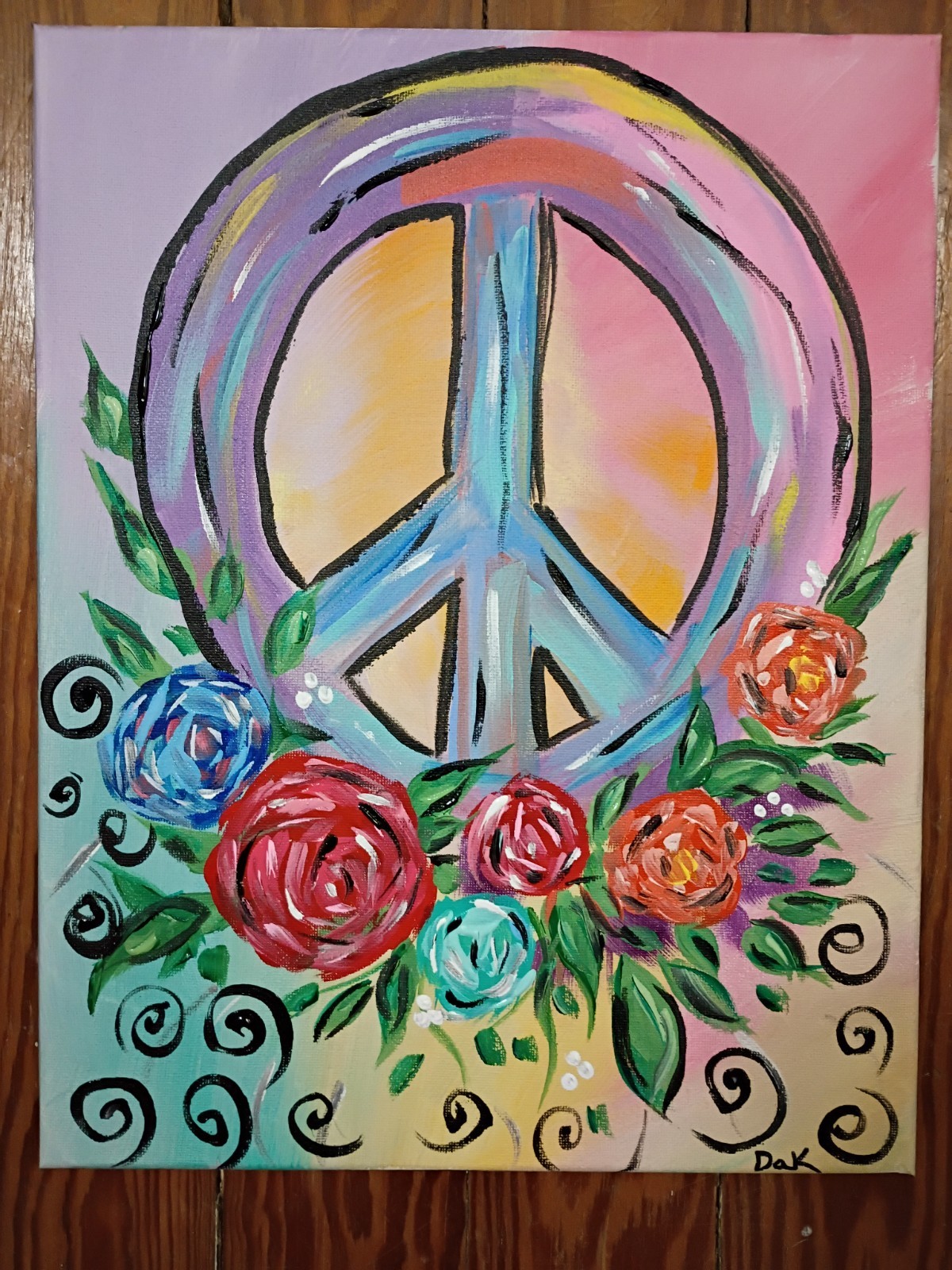 Peace Sign Floral 11×14 Canvas Original Art Expressionism Abstract Boho Hippie