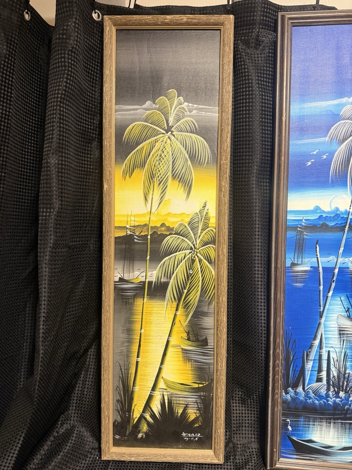 2 Tropical 8.5” x 29” FRAMED OIL PAINTINGS Painting SET Signed TIKI Palm Trees
