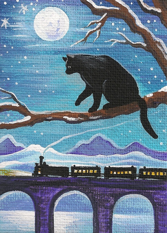 ACEO PRINT OF PAINTING RYTA BLACK CAT FOLK XMAS Art Epic Landscape Winter Tree