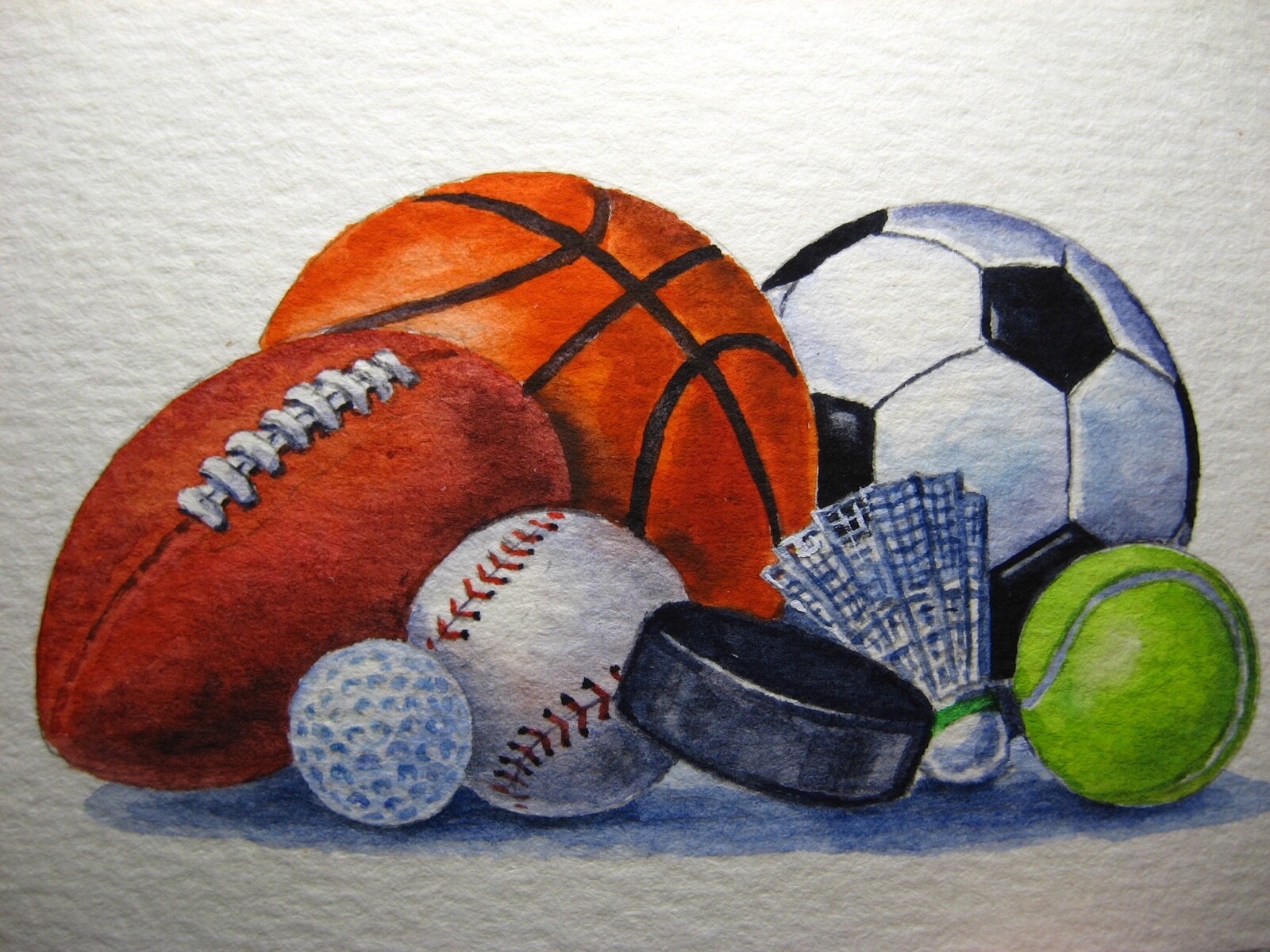 Watercolor Painting Sport Football Ball Hockey Badminton Tennis Golf ACEO Art