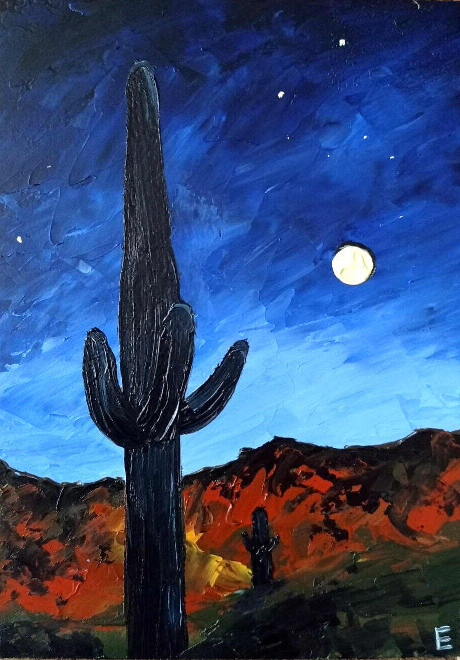 Original Oil Painting Cacti Desert Night Landscape Moon Star Art 7 x 5 inches
