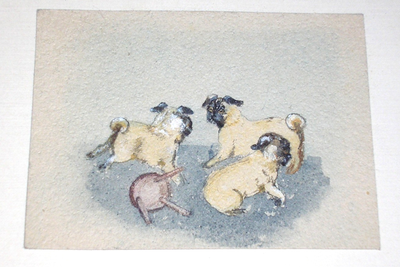 Miniature Watercolor Painting Art Trio of Pug Dogs Scampering & Playing Unsigned