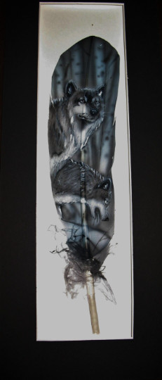 Snow Wolves & Birch Trees – Russ Abbott – Original Hand Painted Feather