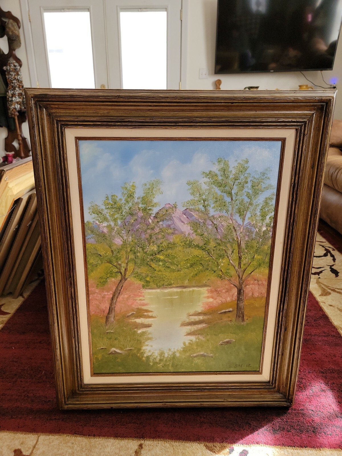 Framed Oil Painting on Canvas Trees Pond Mountain Scene by L. Shelor 32″ x 26″