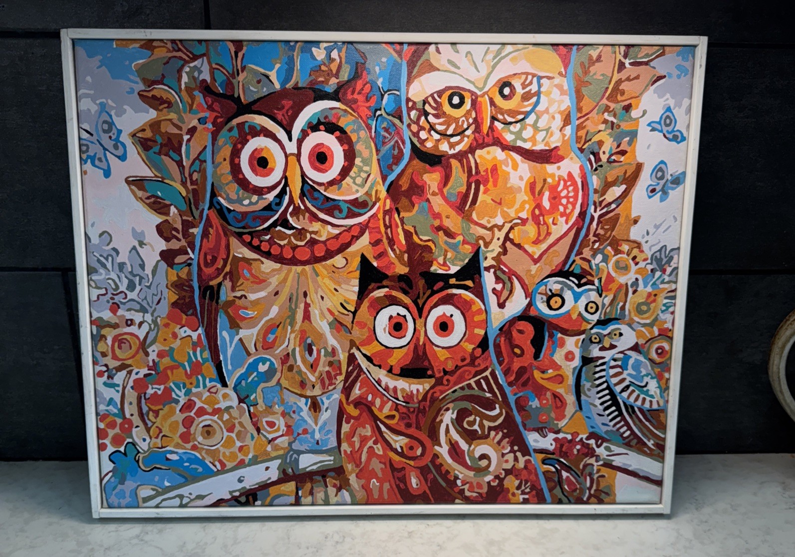 Framed Owl Painting Paint By Numbers Canvas MCM 20-1/8 x 16-1/8 Unique Colorful