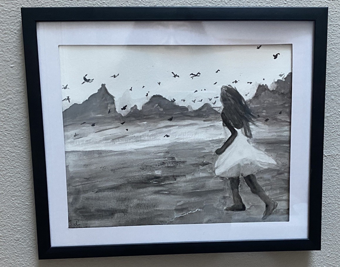 Original watercolor painting Monochrome landscape art painting 8 x 10 Beach Girl
