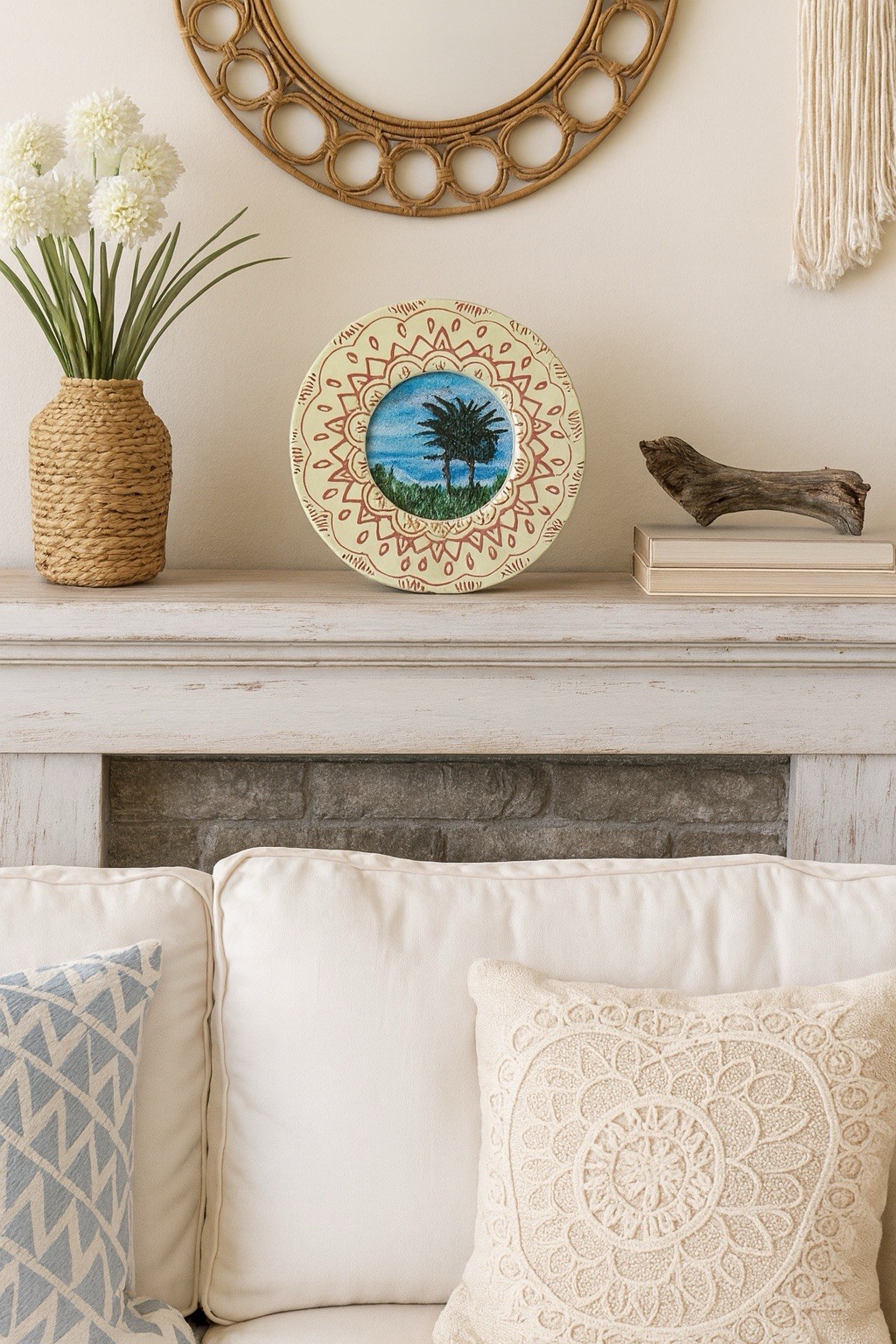 California Cypress Tree Painting Framed Round Coastal Landscape Wall Art