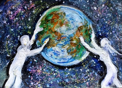 ACEO Original Painting Energy Soul Universe TWIN FLAMES Earth Love Stars ATC ART