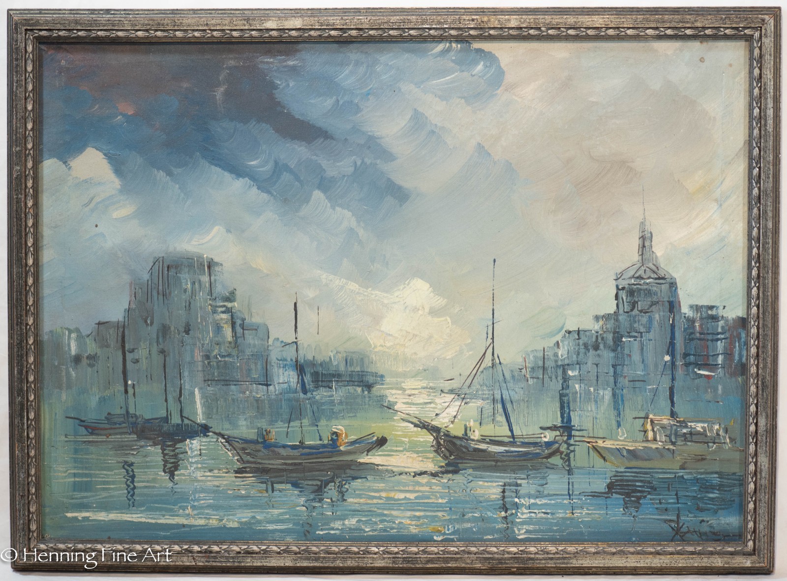 Mid Century Oil Painting Blue Impressionist City Harbor Illegibly Signed 22×30″