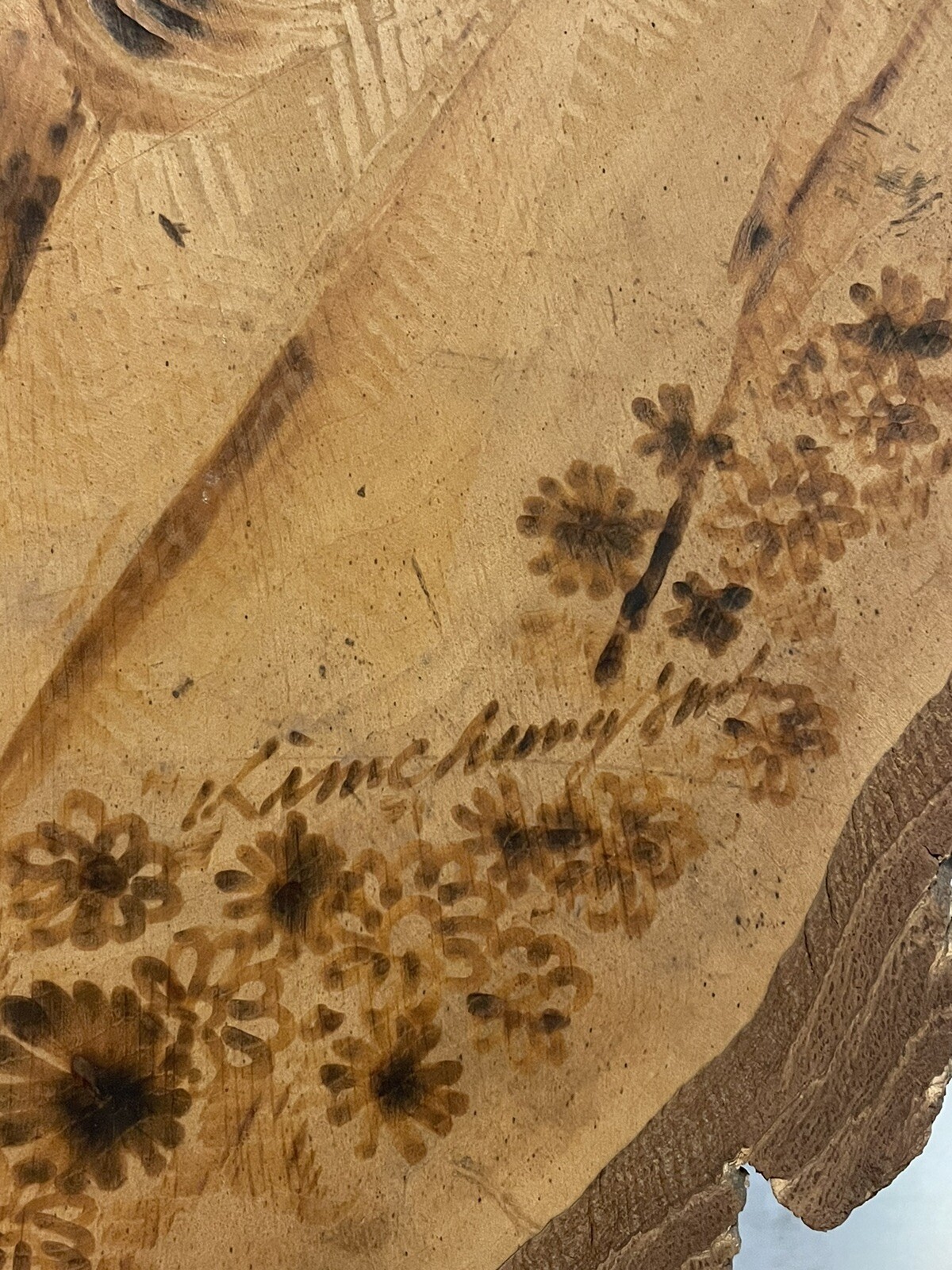 1970s Signed Portrait Burn Etching PAINTING On Live Edge Tree Wood Slab 27 X 17”