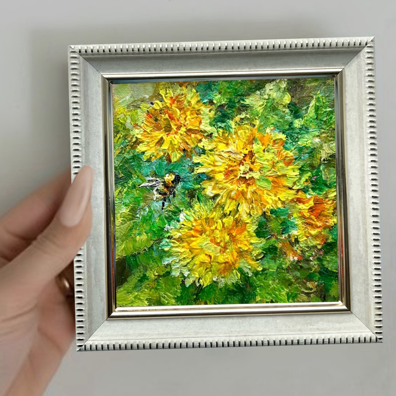 Original Oil Painting Dandelions Flowers Small Gift Collectible Art 4x4in OS