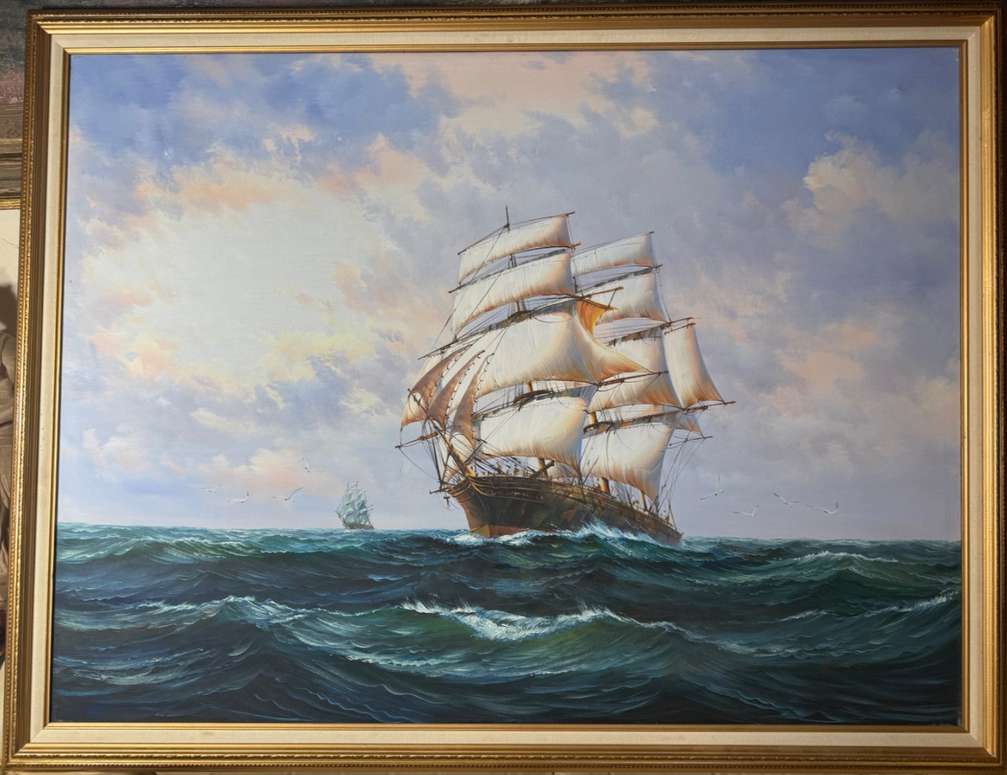 Huge «Two Clipper Ships At Sea Scene» Oil Painting – Signed And Framed