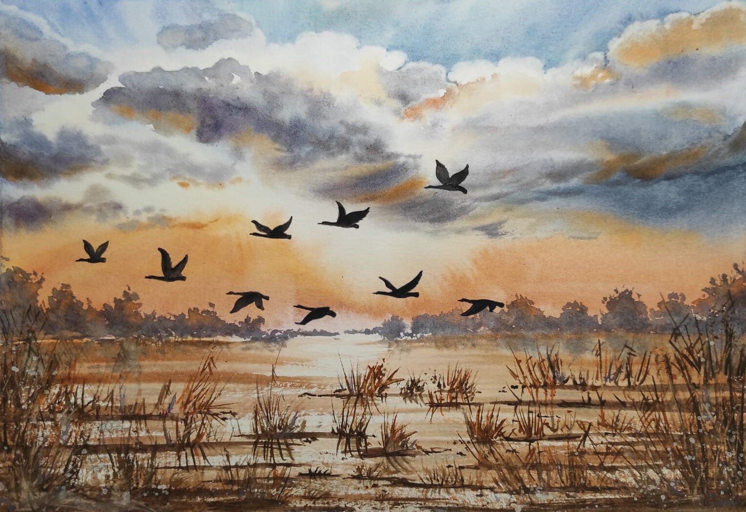 DUCKS FLY CLOUDY SKY Original Art Painting Landscape GEESE FLY Bob Ross Style A4
