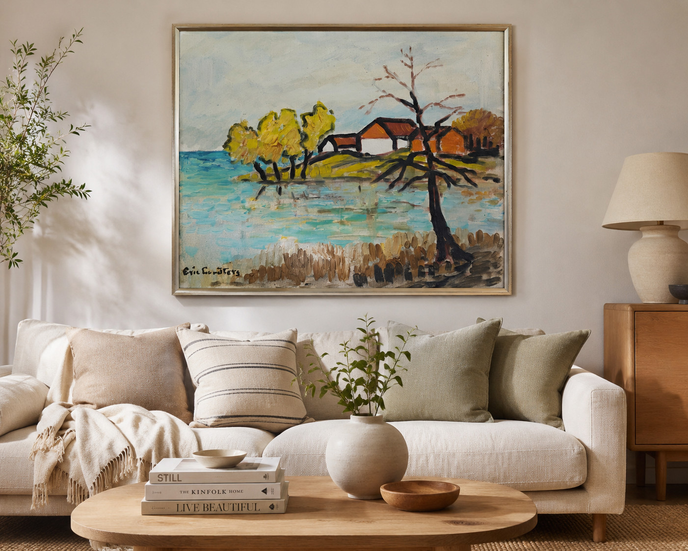 LARGE SCANDINAVIAN MID CENTURY MODERNIST LANDSCAPE OIL PAINTING ERIC CEDERBERG