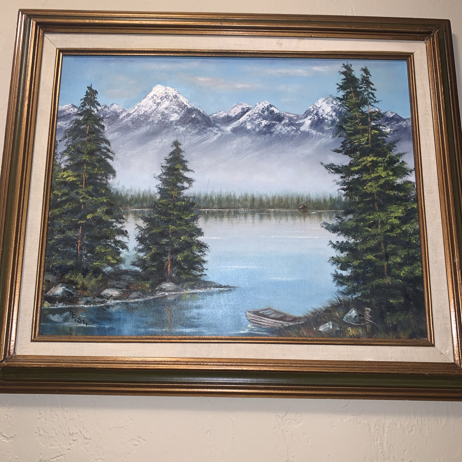 Framed Oil Painting Vintage Mountain Lake Landscape 21.5” Height 25” Width