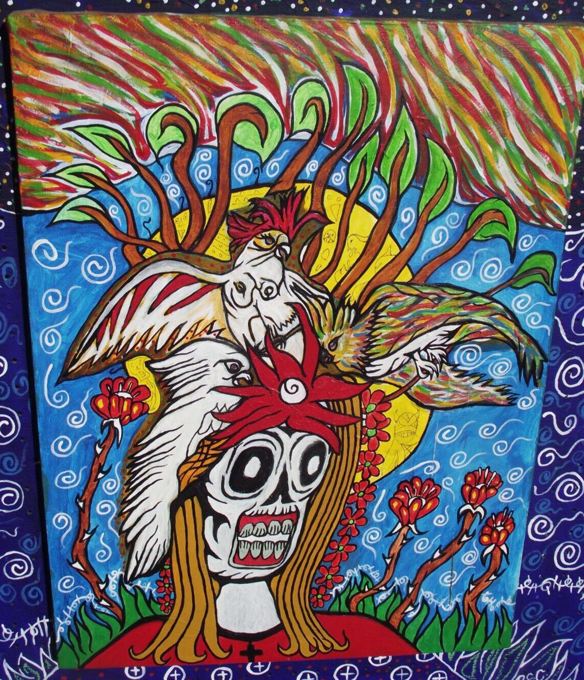 Peter E Carillo California Mexican Artist BIG Painting «Para Los Indios» 32″x38″