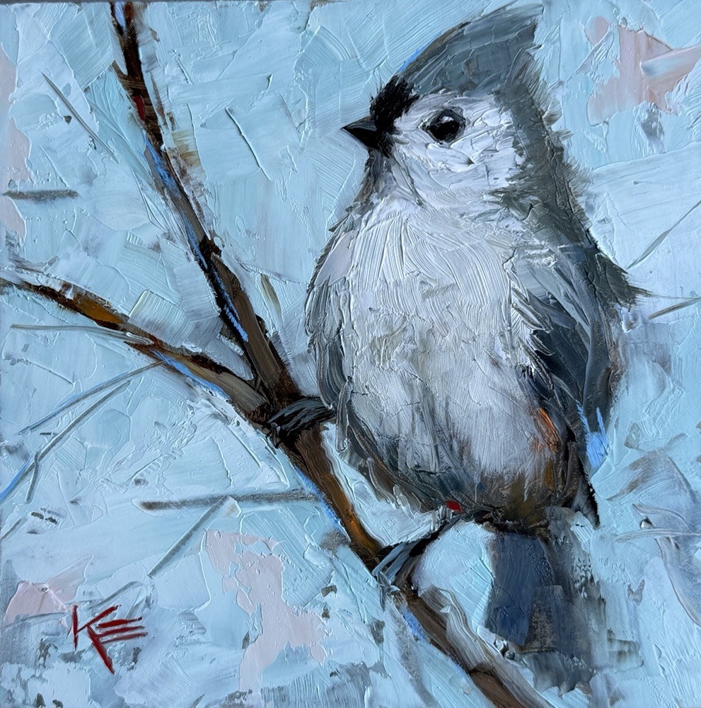 Impressionist Titmouse Bird decor Original Painting On Panel 6 X 6 Inches