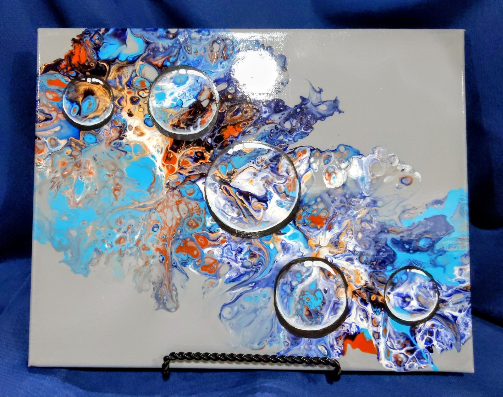Bubbles on Turquoise and Grey acrylic pour, gold highlights 11″ h x 14″w x .5″d