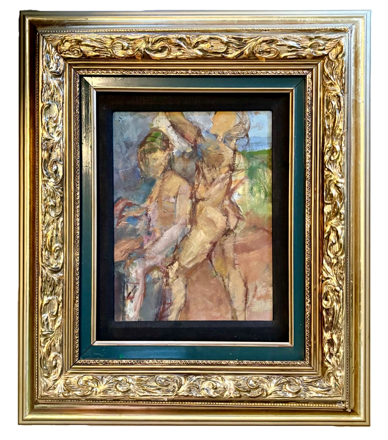 Original Moderist Impressionism Double Framed Oil on Board Figural Painting