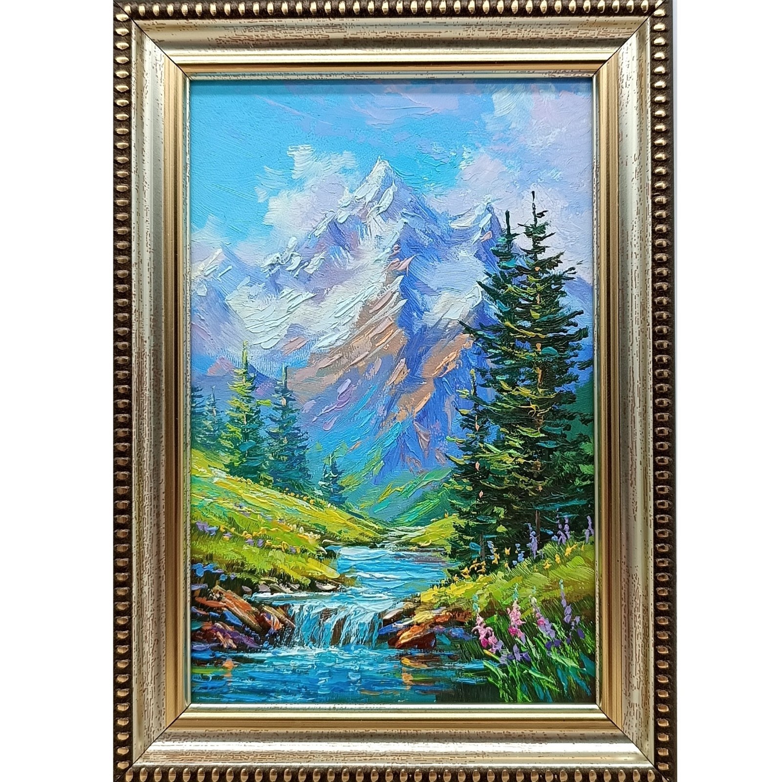 Mountain Waterfall Original Oil Painting 6×4 Framed Signed Alpine Landscape Art