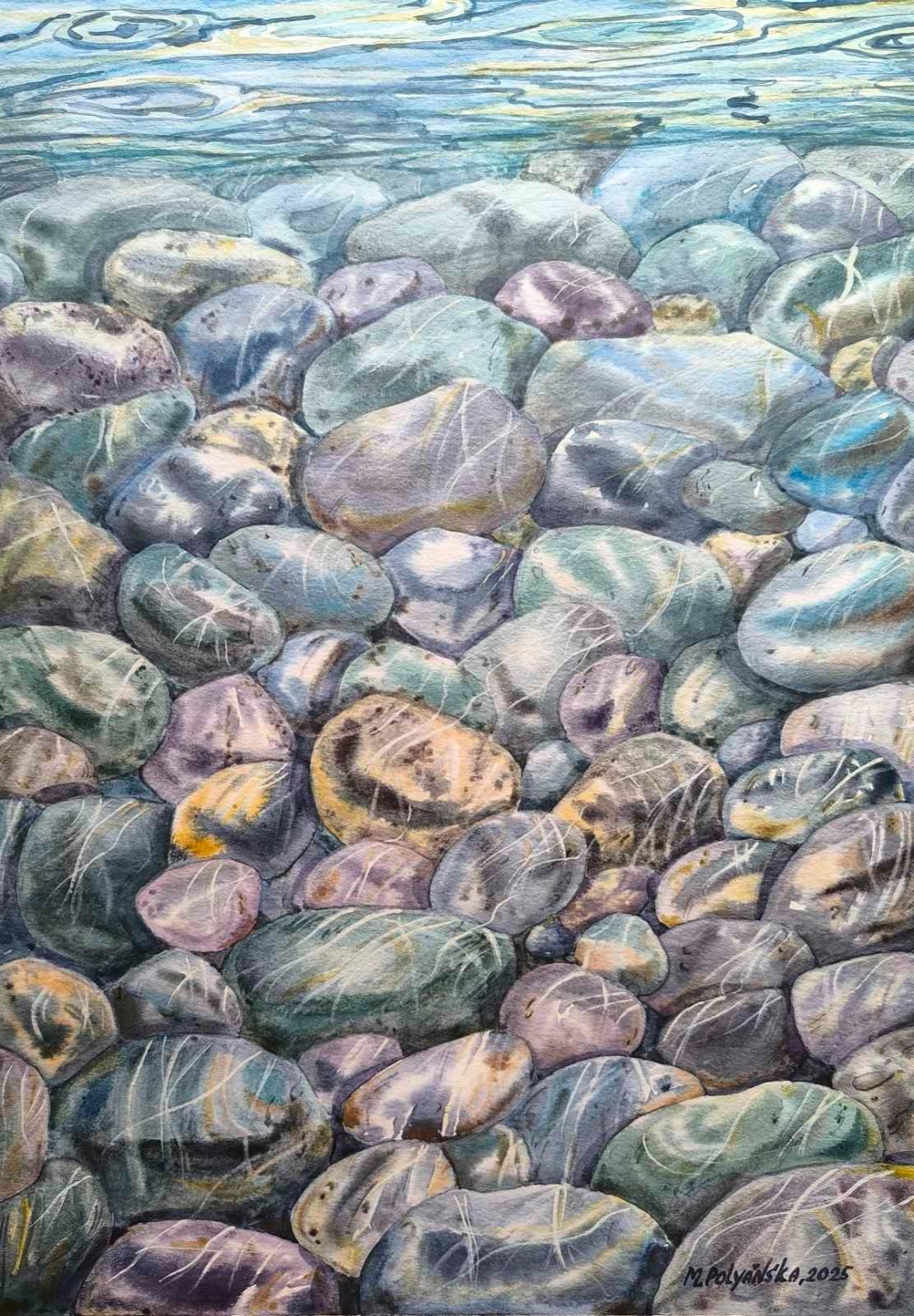 COLORED SEA STONES SUN Original Arts Painting Landscape Seascape Signed Gift A3