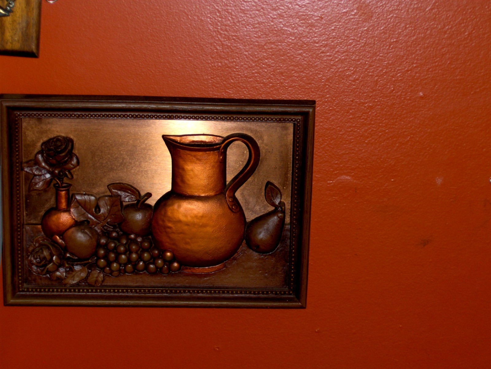 ORIGINAL VINTAGE Pitcher Fruits Rose Still Life Painted Copper like Metal Art