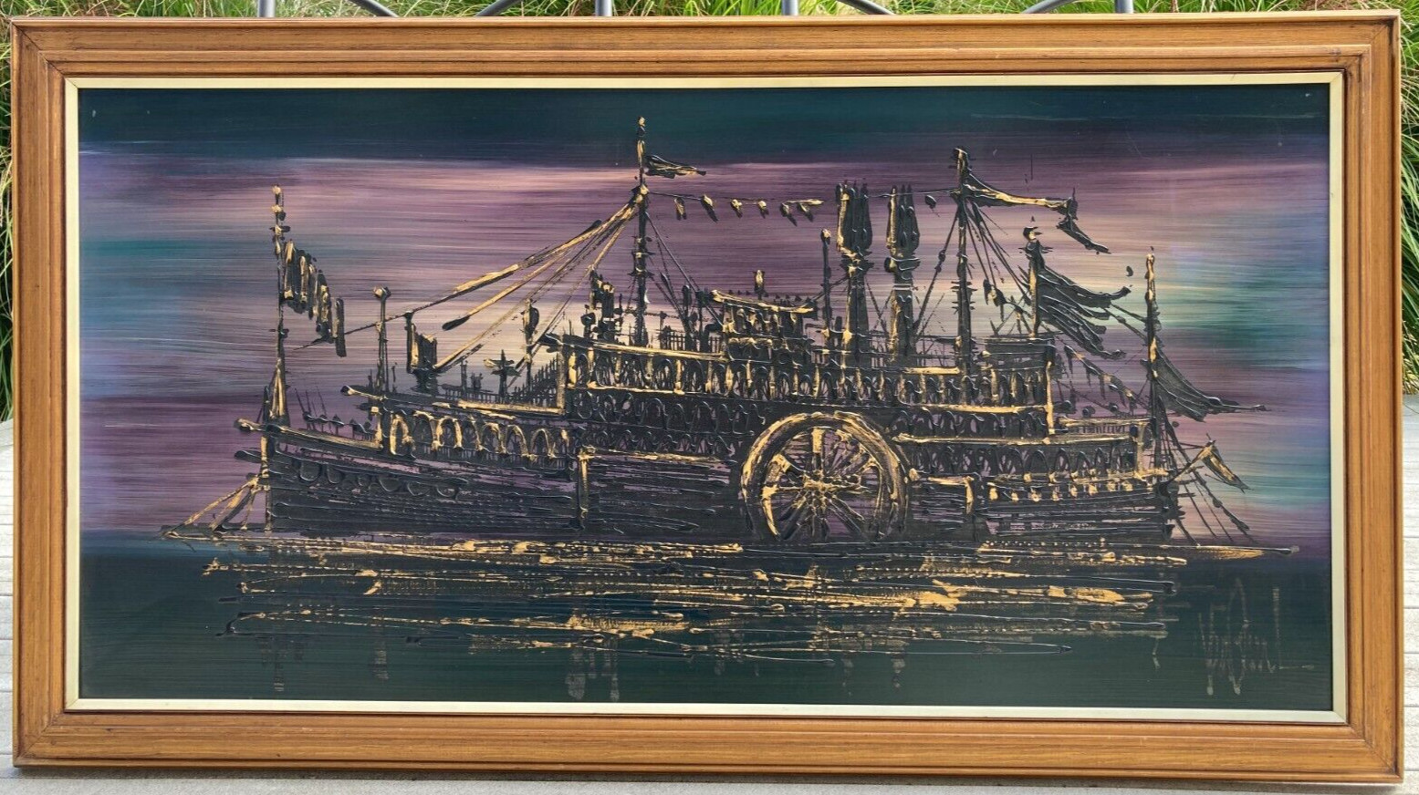 Mid-Century Modern, Van Gaard, Drip Oil Steamer Paddleboat Painting, Signed