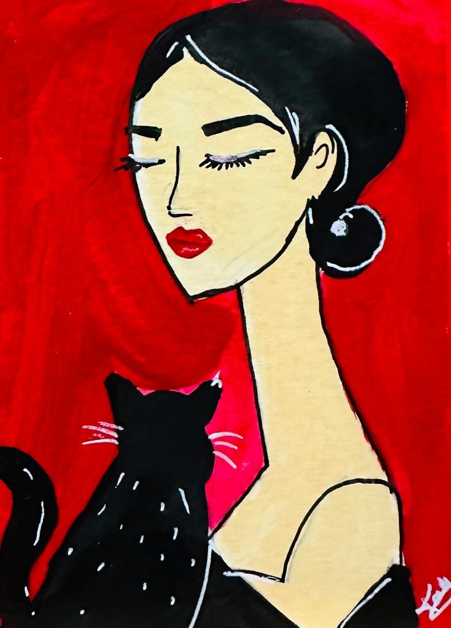ACEO Original Elegant Woman Black Cat Acrylic Painting Scarlet Figure Modern Art