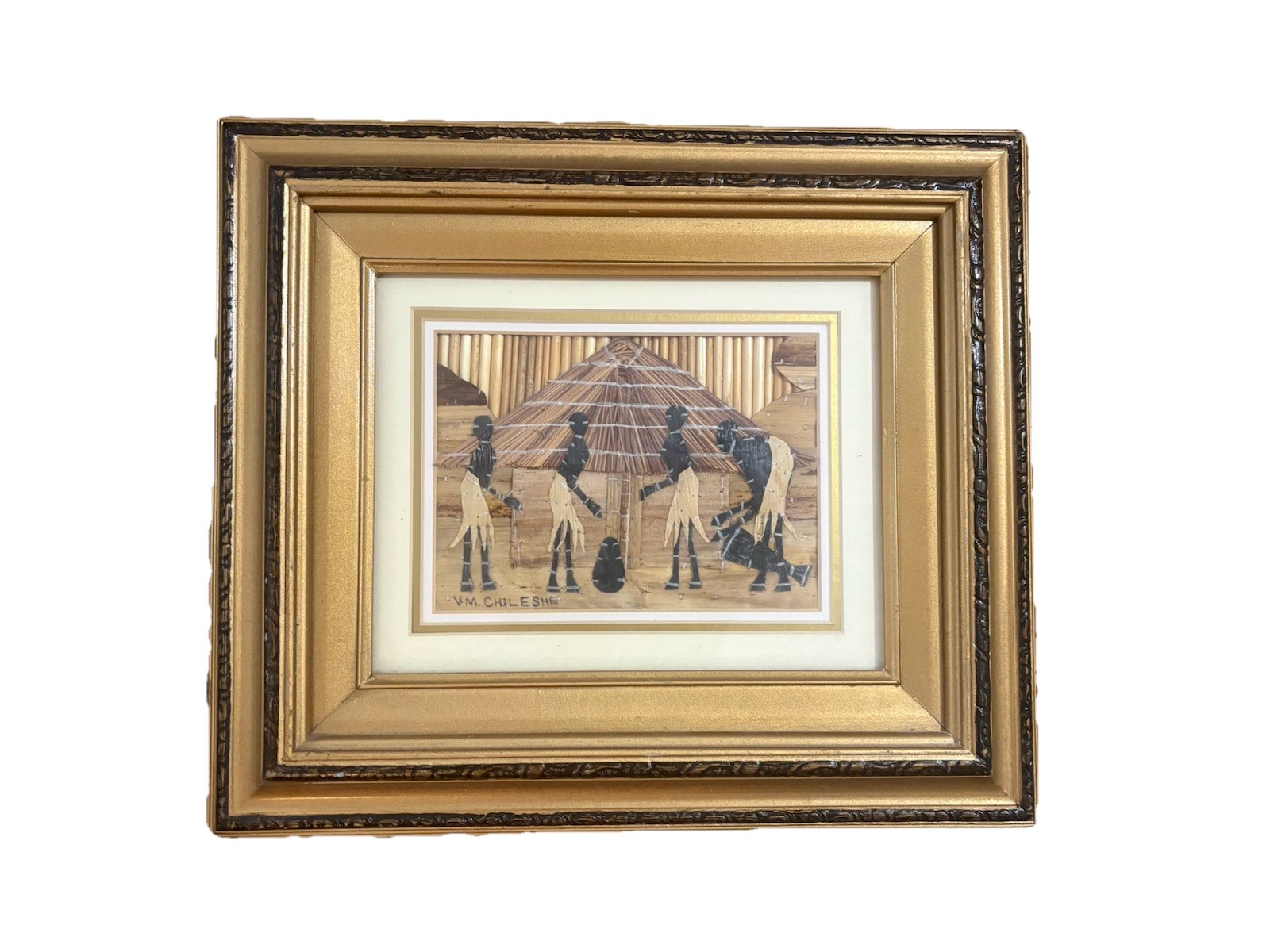 Framed Western Mwamlima Dry Banana – Leaf Art VTG African School Children’s Art
